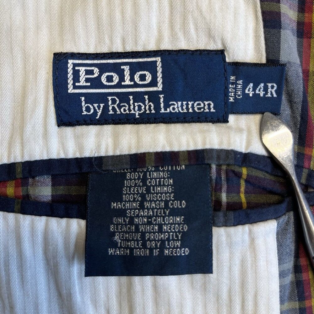 Polo Ralph Lauren Vtg 90s Distressed Madras Plaid Sport Coat Blazer 44R Preppy - Picture 13 of 16
